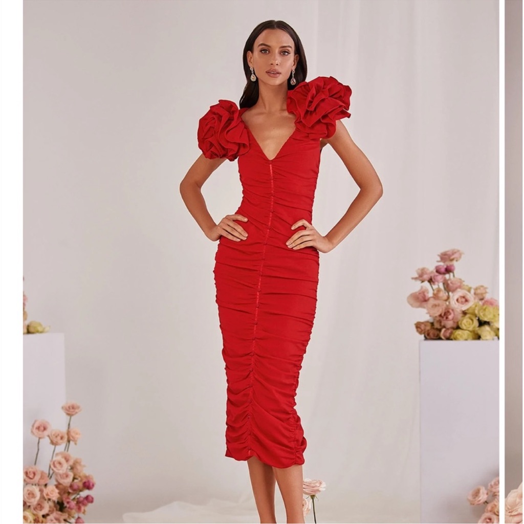 Nwt Alamour The Label Monica Red Puff Sleeve Ruched Button Midi Dress